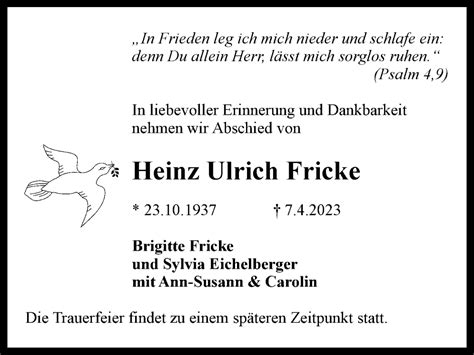 Traueranzeigen Von Heinz Ulrich Fricke Trauer38 De