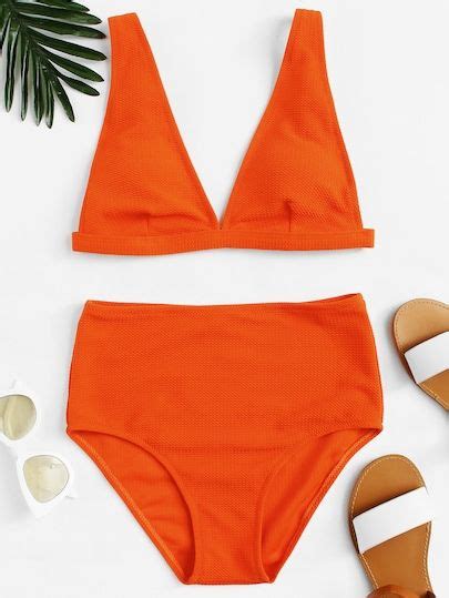 Shop Textured Plunge Top With High Waist Bikini Set Online SheIn