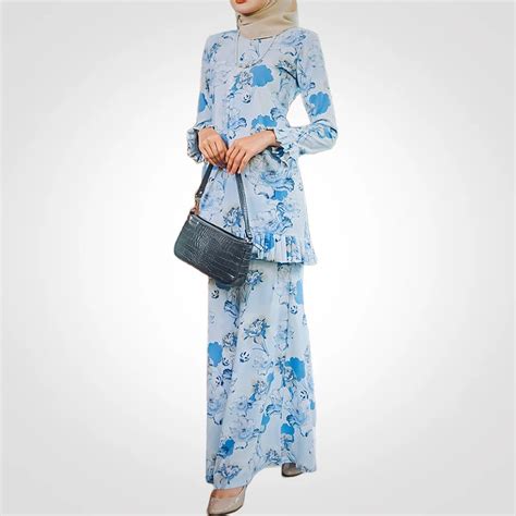 Sipo Eid Raya Malaysia Muslim Women Polyester Fabric Blue Printed