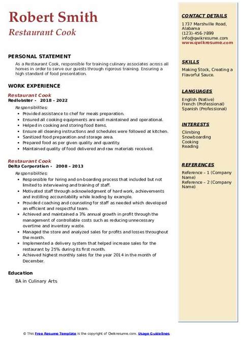 Restaurant Cook Resume Samples | QwikResume