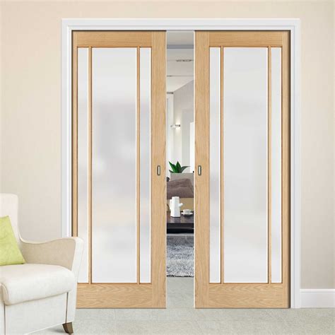 Lincoln Glazed Oak Double Evokit Pocket Doors Frosted Glass