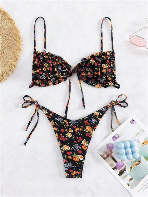 Shein Swim Mod Conjunto De Bikini Con Estampado Floral Sujetador Tipo