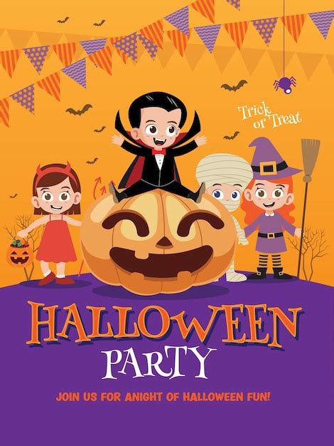 Premium Vector | Group of kids in Halloween costume sitting on a giant ...