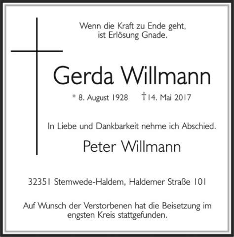 Traueranzeigen Von Gerda Willmann Trauer Kreiszeitung De