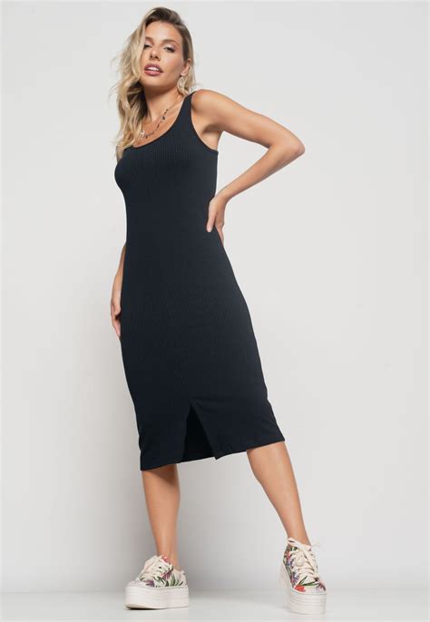 Vestido Midi Fenda Canelado Preto Salvatore Fashion P