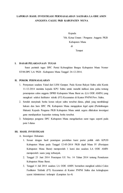 Laporan Hasil Investigasi Permasalahan Saudara La Ode Amin Anggota