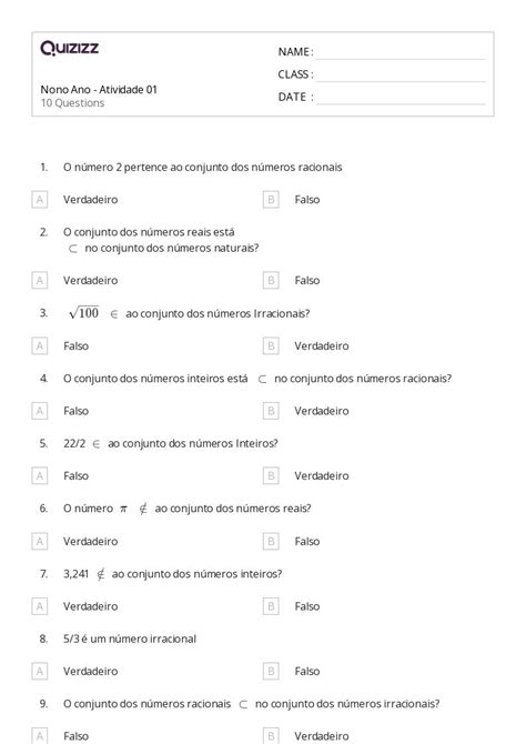 Números Irracionais Imprimível 8ª Série Planilhas Quizizz