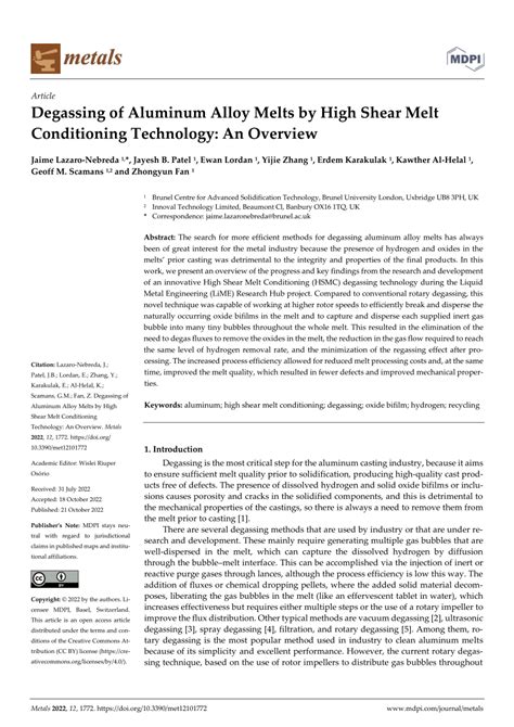 Pdf Degassing Of Aluminum Alloy Melts By High Shear Melt Conditioning Technology An Overview