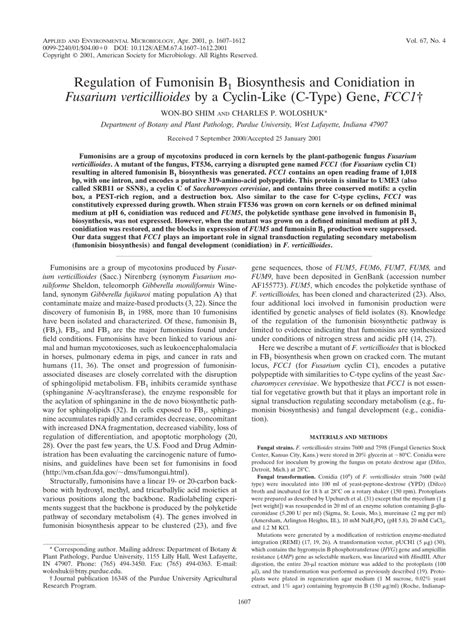 Regulation Of Fumonisin B1 Biosynthesis And Conidiation In Fusarium