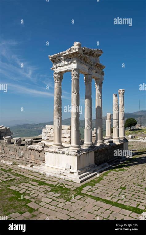 Bergama Acropolis. Temple of Trajan and archways in the ruins of the ...