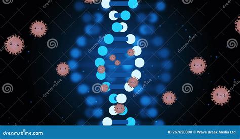 Composition Of Virus Cells Over Dna Strand On Black Background Stock