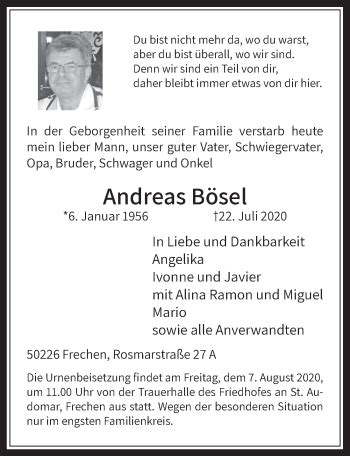 Traueranzeigen von Andreas Bösel WirTrauern