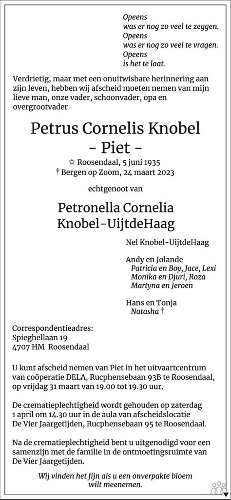 Petrus Cornelis Piet Knobel 24 03 2023 Overlijdensbericht En