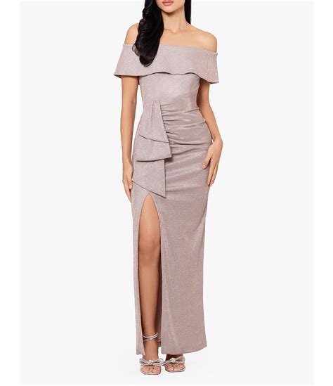 Xscape Glitter Metallic Off The Shoulder Short Sleeve Gathered Ruffle Side Slit Sheath Gown