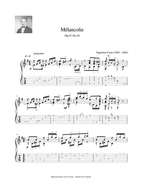 Mélancolie Op 51 No 10 Napoléon Coste 1805 1883 Tablature Sheet