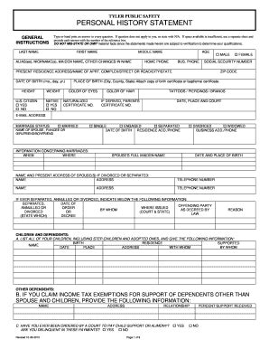 Fillable Online Personal History Statement Tyler Police