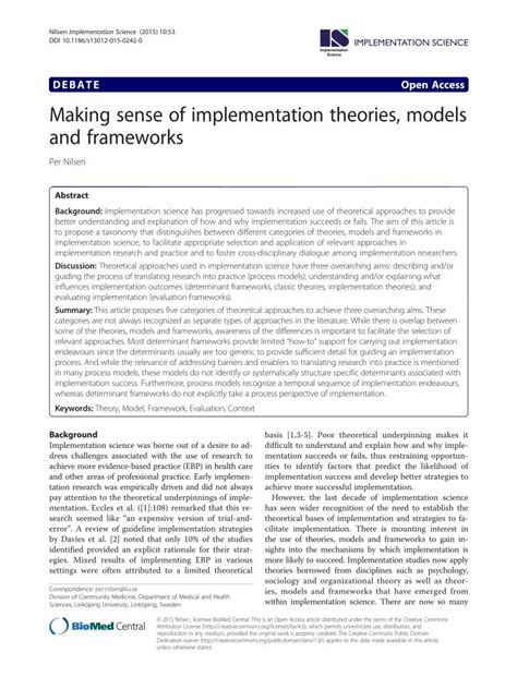 Pdf Making Sense Of Implementation Theories Models And Frameworks