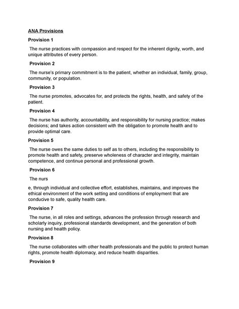 ANA Provisions powerpoint worksheet answers - ANA Provisions Provision 1 The nurse practices ...