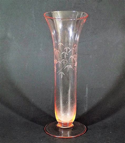 Vintage Pink Glass Bud Vase Etched Bamboo Design 9 12 Etsy