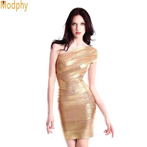 Women Gold Foil One Shoulder Sexy Celebrity Bandage Dress Stretch