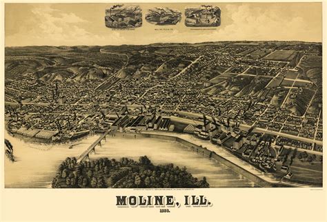 Historic Panoramic View - Moline Illinois - Wellge 1889 - Vintage Wall
