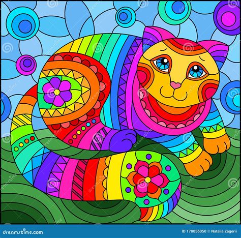 Stained Glass Illustration With Abstract Cute Rainbow Cat On A Blue Background Stock Vector