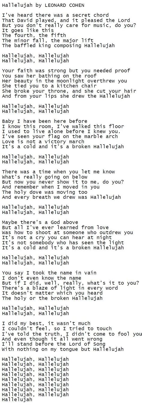 Hallelujah By LEONARD COHEN Leonard Cohen Hallelujah Song Lyrics