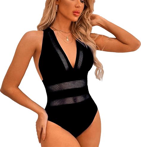 Women Mesh Hollow Halter One Piece Swimsuit V Neck Wide Straps