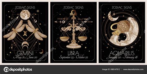 Vector Illustration Zodiac Signs Card Air Signs Gemini Libra Aquarius