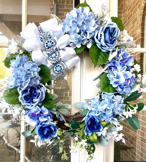 large blue wreath  front door