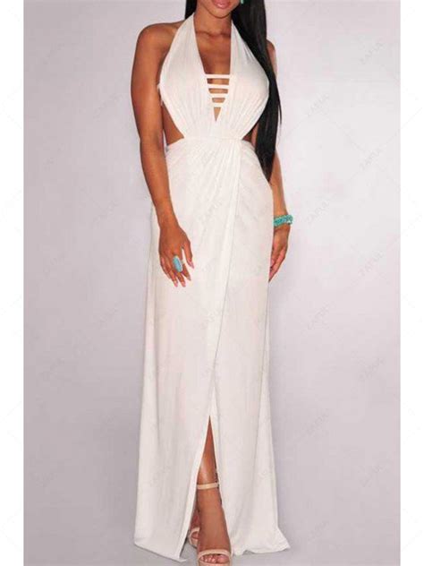 Plunging Neck Backless Overlap Dress White Maxi Dresses One Size Fit