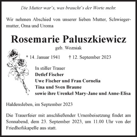 Traueranzeigen Von Rosemarie Paluszkiewicz Abschied Nehmen De