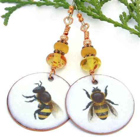 Bumble Bee Earrings, Enamel Amber Artisan Handmade Bee Lover Jewelry
