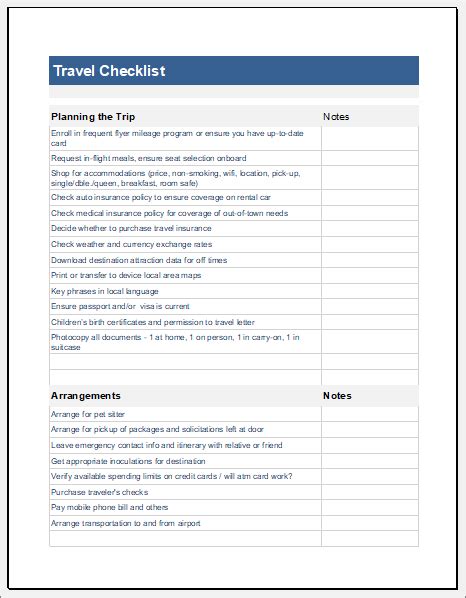 Printable Travel Checklist Template for Excel | Download