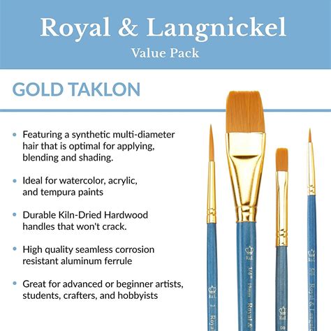 Royal Langnickel R Gold Taklon Flat Value Pack Brush Set 12 Pkg