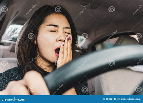 Tired Sleepy Asian Woman Yawning During Driving Car Stock Photo Image