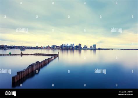 Cloudy morning with a view of the San Diego Skyline, and Harbor. San ...