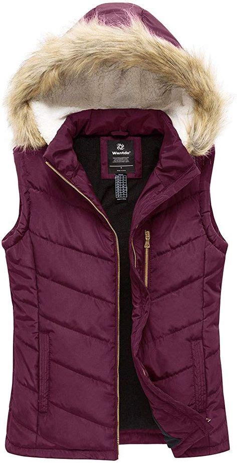 Womens Thicken Cotton Vest Quilted Puffer Vest With Fur Hood Wine