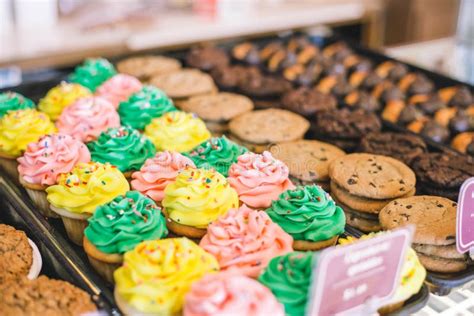 Close Up of Bakery Display Case with Cookies and Cupcakes Stock Photo ...