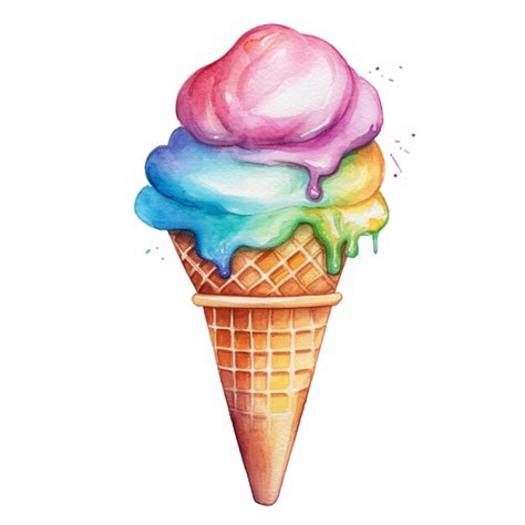 Premium Ai Image There Is A Watercolor Drawing Of A Ice Cream Cone With Rainbows Generative Ai