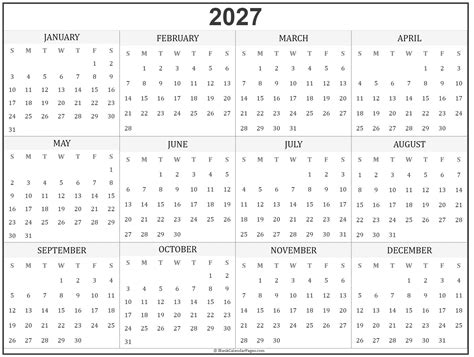 2027 year calendar | yearly printable