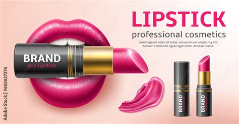 Realistic lipstick with lips poster. Sexy womens lips hold an open ...