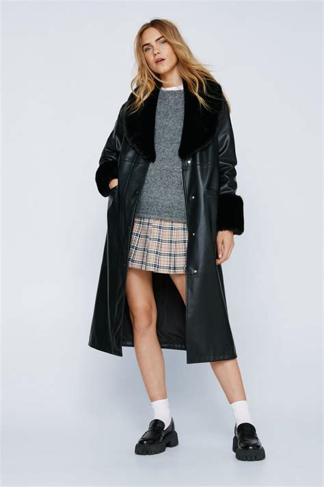 Faux Fur Trim Longline Faux Leather Coat Nasty Gal