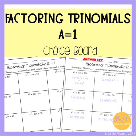 factoring trinomials    worksheet choice board  algebra