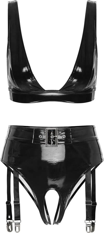 FEESHOW Womens Shiny Leather 2Pcs Lingerie Set Mini Bra Top With G String Thongs Clubwear Black
