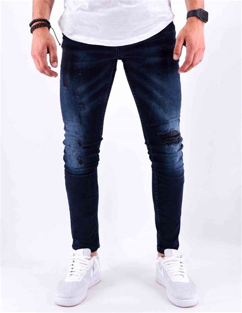 Jean Skinny Destroy Bleu Brut Homme Mode Urbaine