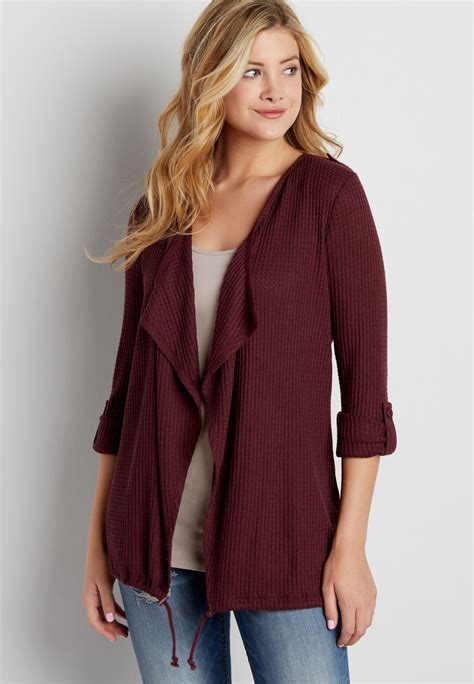 Waffle Knit Cardigan With Drawstring Hem