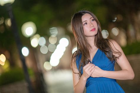 Depth Of Field Blue Dress Woman Bokeh Brunette Girl Asian Model