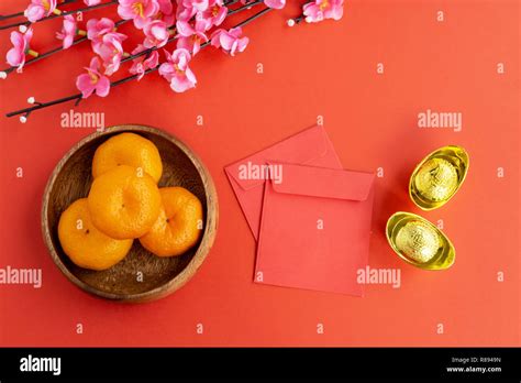 Flat Lay Chinese New Year Background Cherry Blossom Mandarin Orange