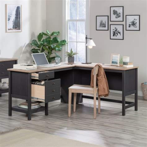 Sauder Cottage Road L Shaped Desk With Drawers In Raven Oak Fred